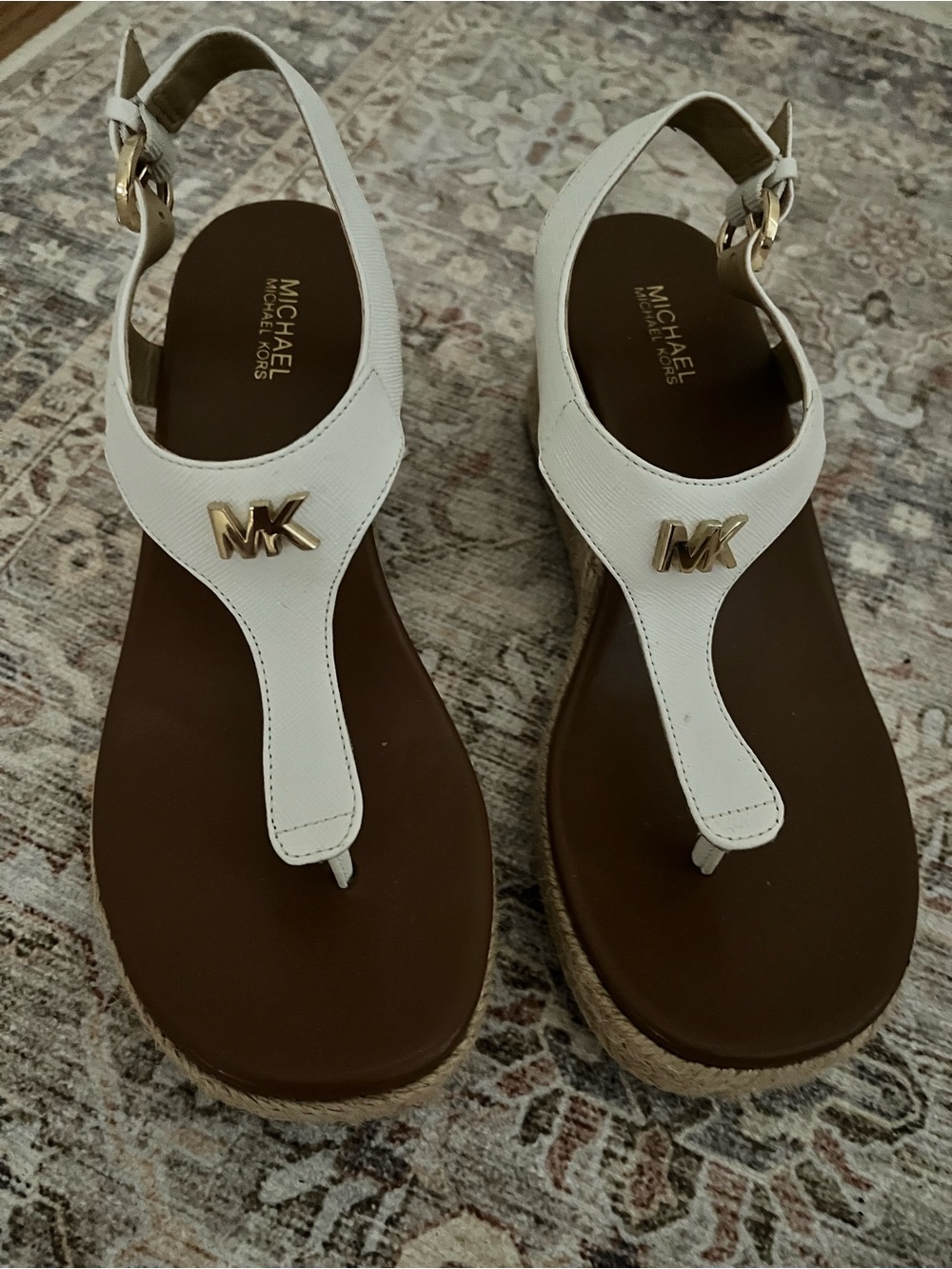 MICHAEL Michael Kors White Leather Wedge Thong Sandals with Gold MK